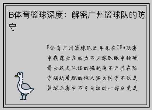 B体育篮球深度：解密广州篮球队的防守